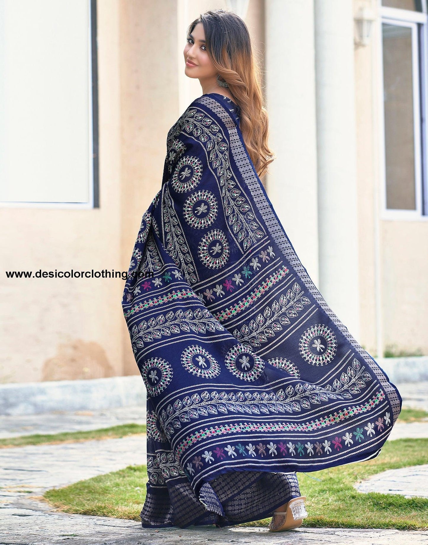 Dark Blue Silk Printed Saree