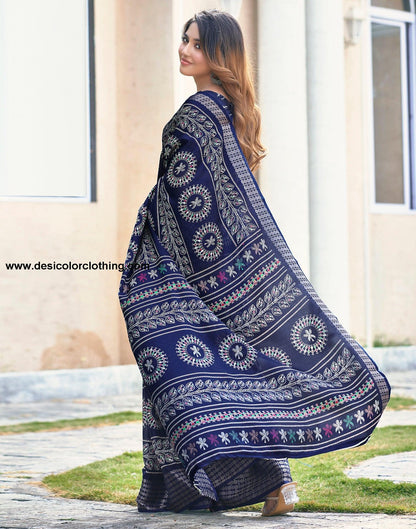 Dark Blue Silk Printed Saree