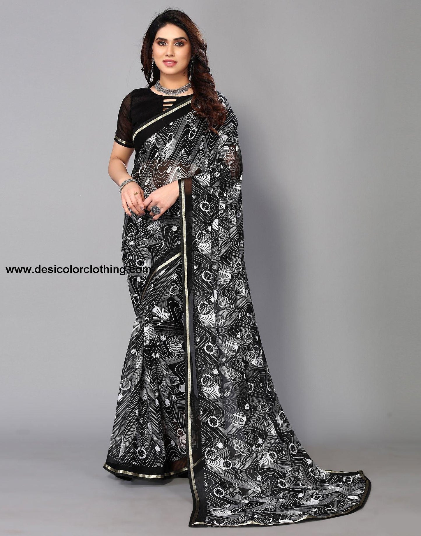 Black Chiffon Printed Saree