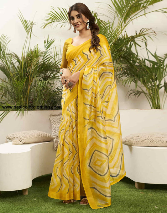 Yellow Cotton Printed Saree