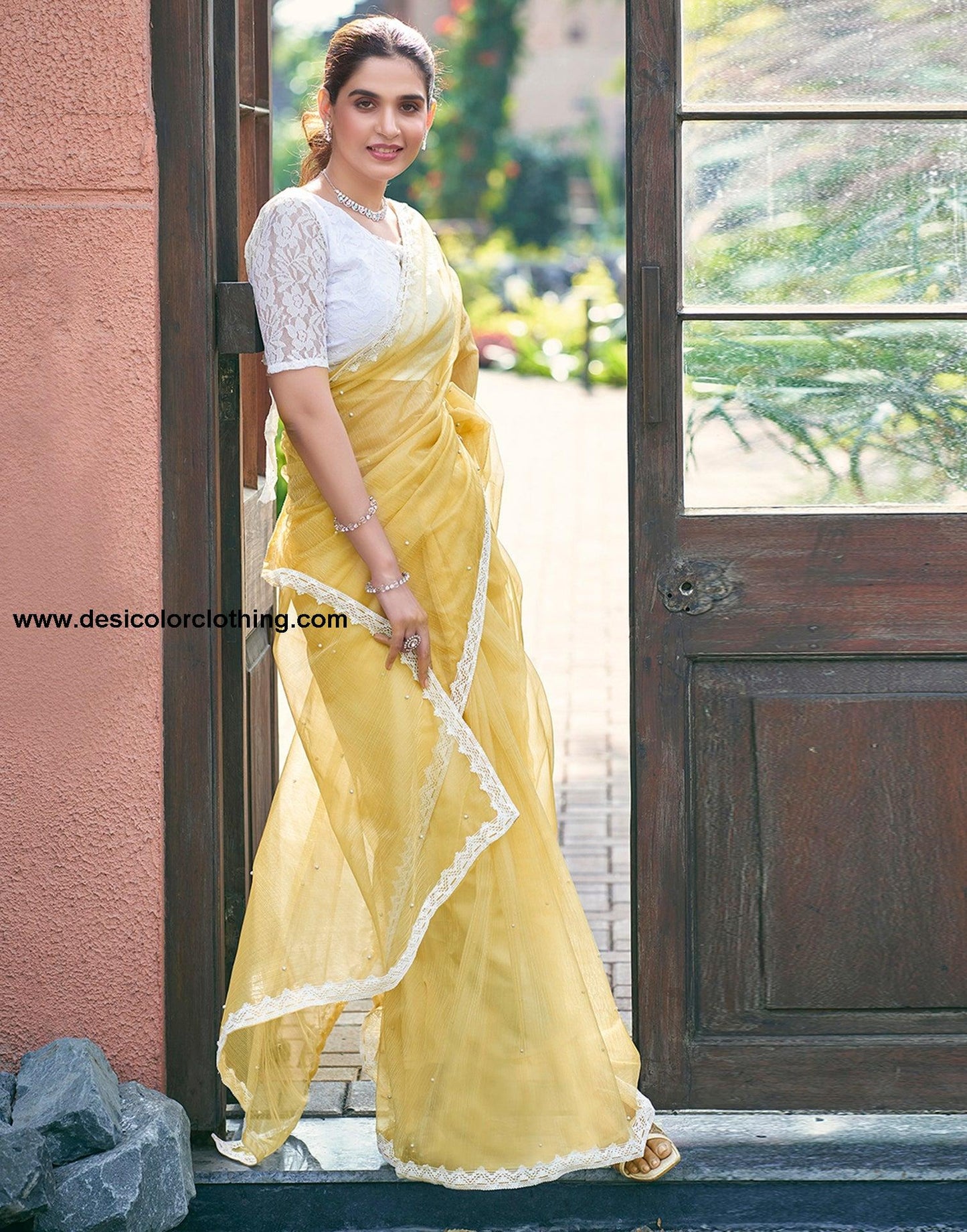 Yellow Net Plain Saree