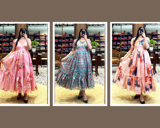 Product Image - Elegant Floral Midi Dress in Kota Fabric | Perfect Festive & Party Wear