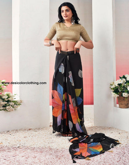 Black Georgette Printed Ready to Wear Saree