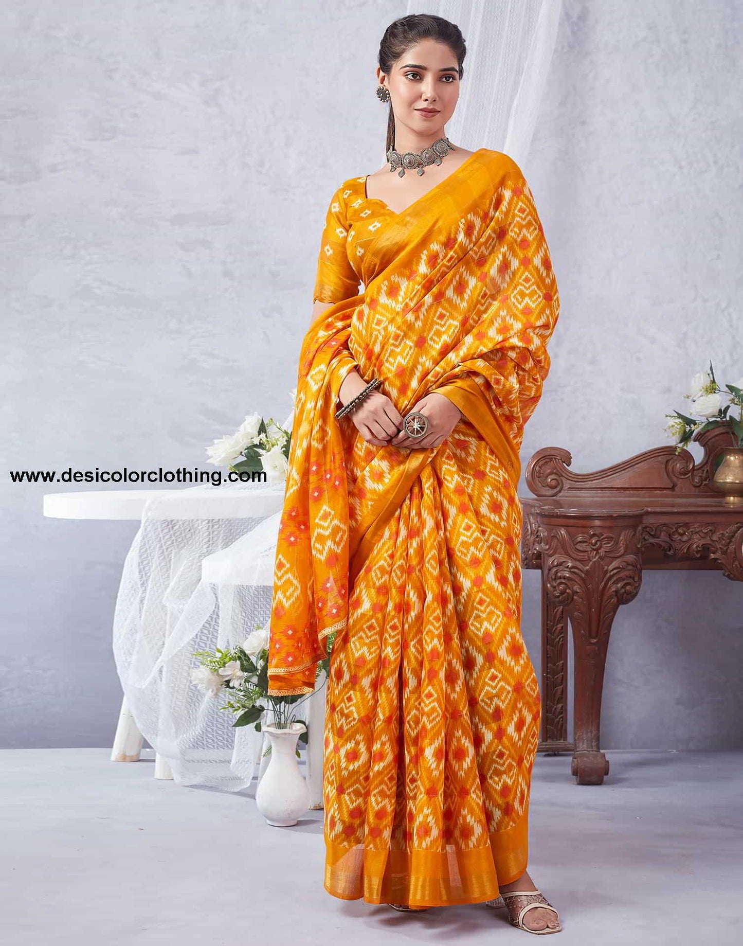 Yellow Printed Cotton Geometric Saree