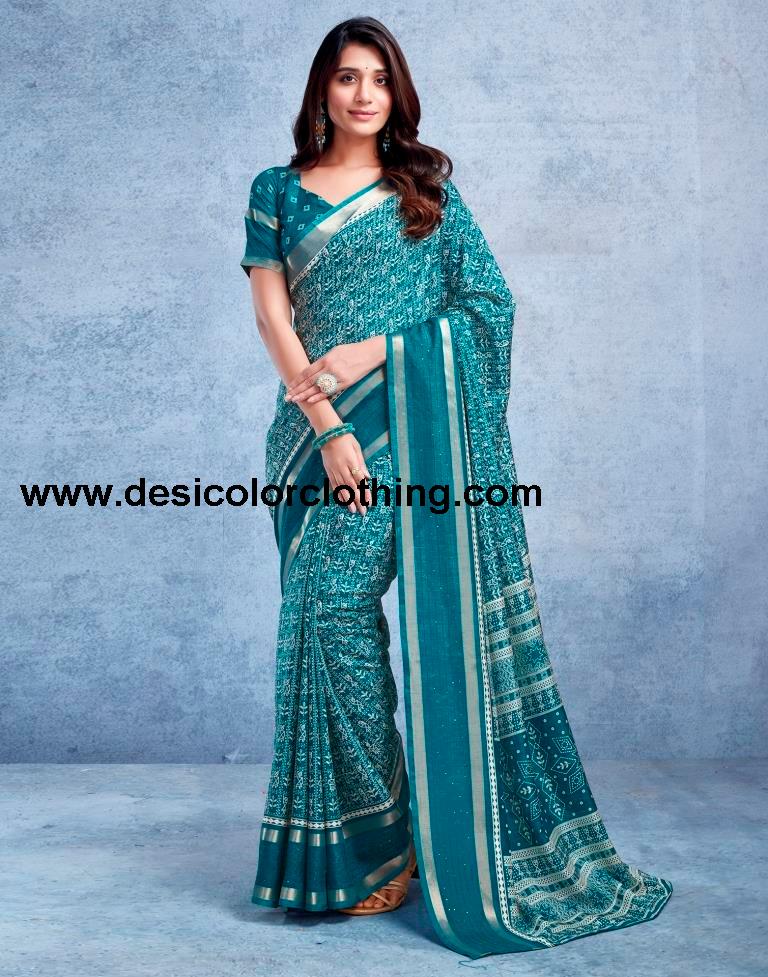 Teal Blue Silk Printed  Saree