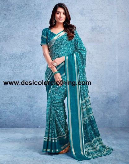 Teal Blue Silk Printed  Saree