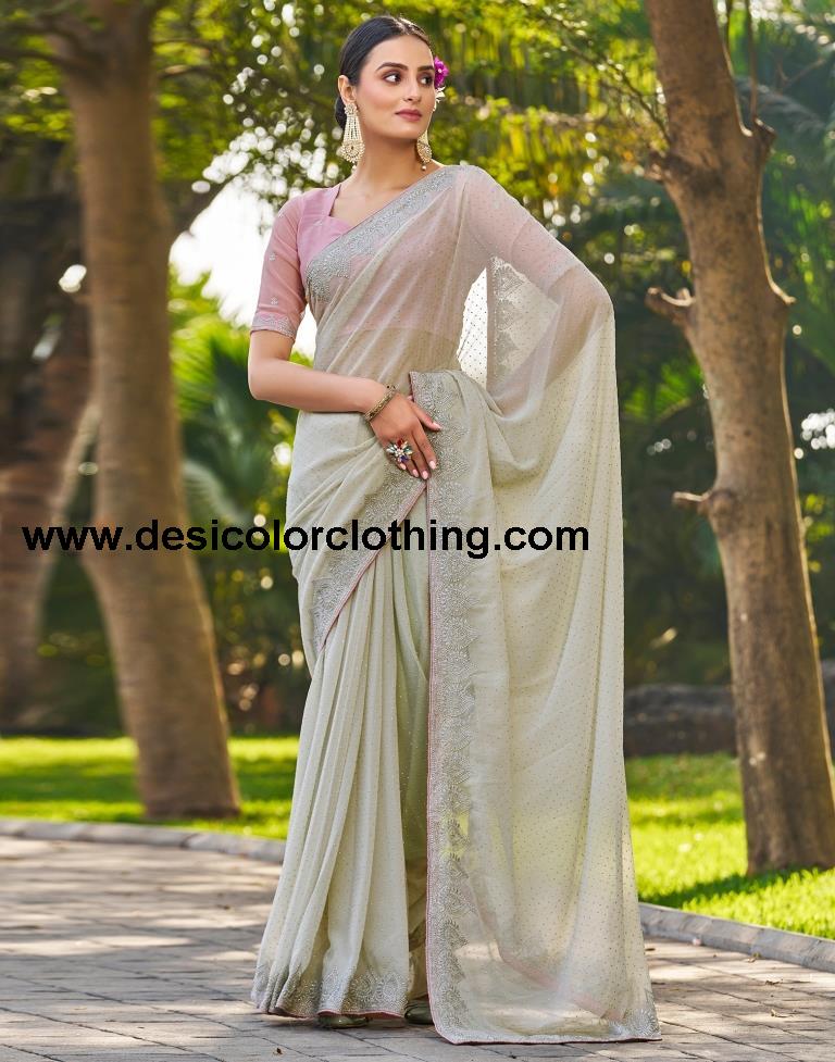 Dusty Light Green Georgette Embroidery Saree