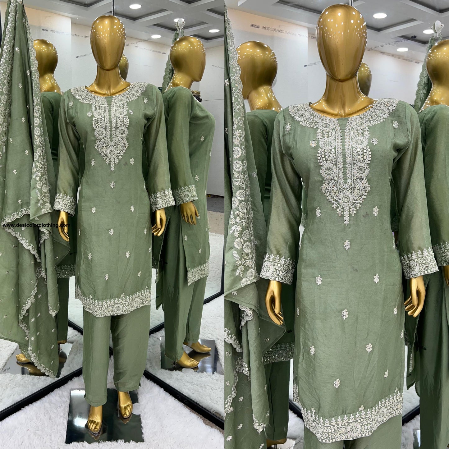 Pure Chinnon With Embroidery Sequence Work Top-Bottom And Dupatta Set Fully Stitched Ready To Wear*
