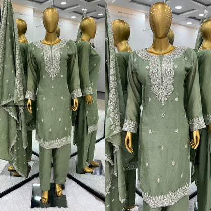 Pure Chinnon With Embroidery Sequence Work Top-Bottom And Dupatta Set Fully Stitched Ready To Wear*