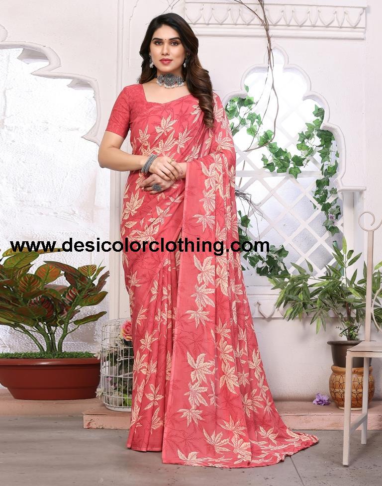 Rose Pink Georgette Floral Printed Saree