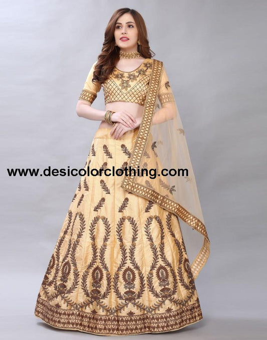 Bedazzling Cream Coloured Satin Silk Embroidered Casual Wear Lehenga | SLV119L10408