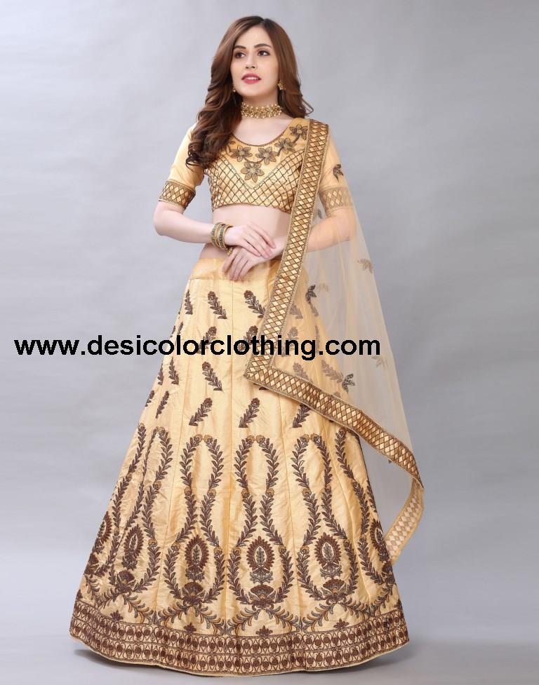 Bedazzling Cream Coloured Satin Silk Embroidered Casual Wear Lehenga | SLV119L10408