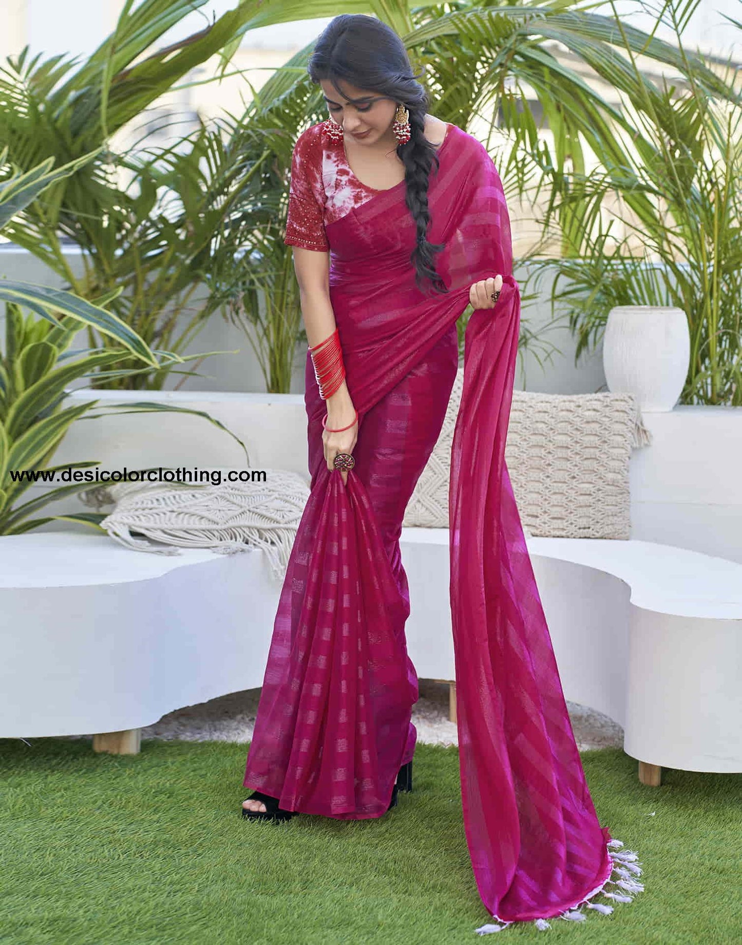 Rani Pink Chiffon Zari Plain Saree