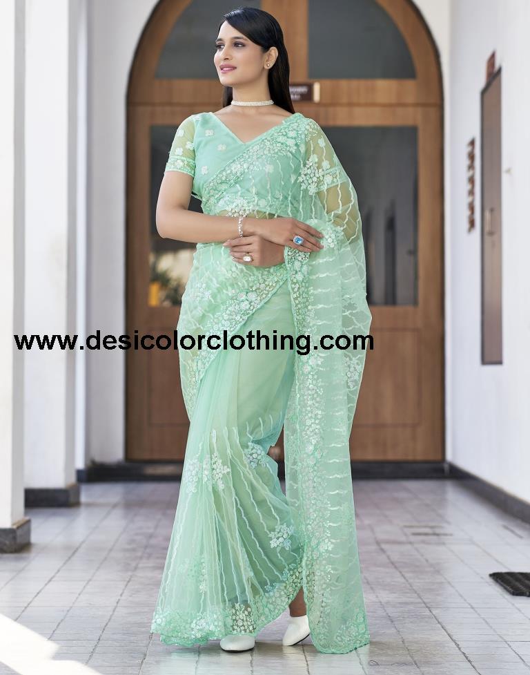 Pista Green  Plain Net Saree
