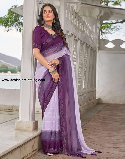 Purple Swarovski Georgette Stone Work Saree