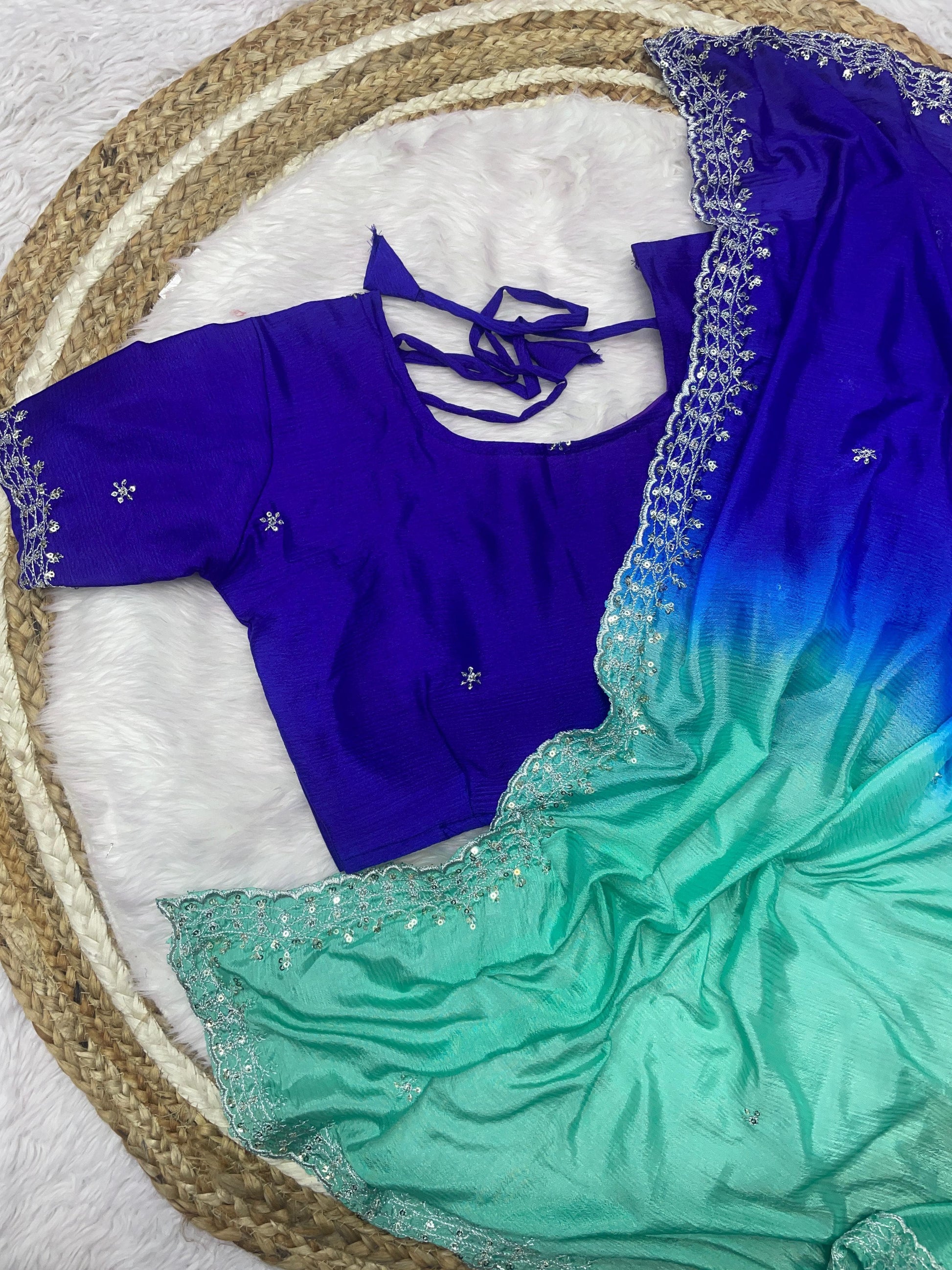 Product Image - Elegant Chinnon Saree with Heavy Embroidery and Jari Work