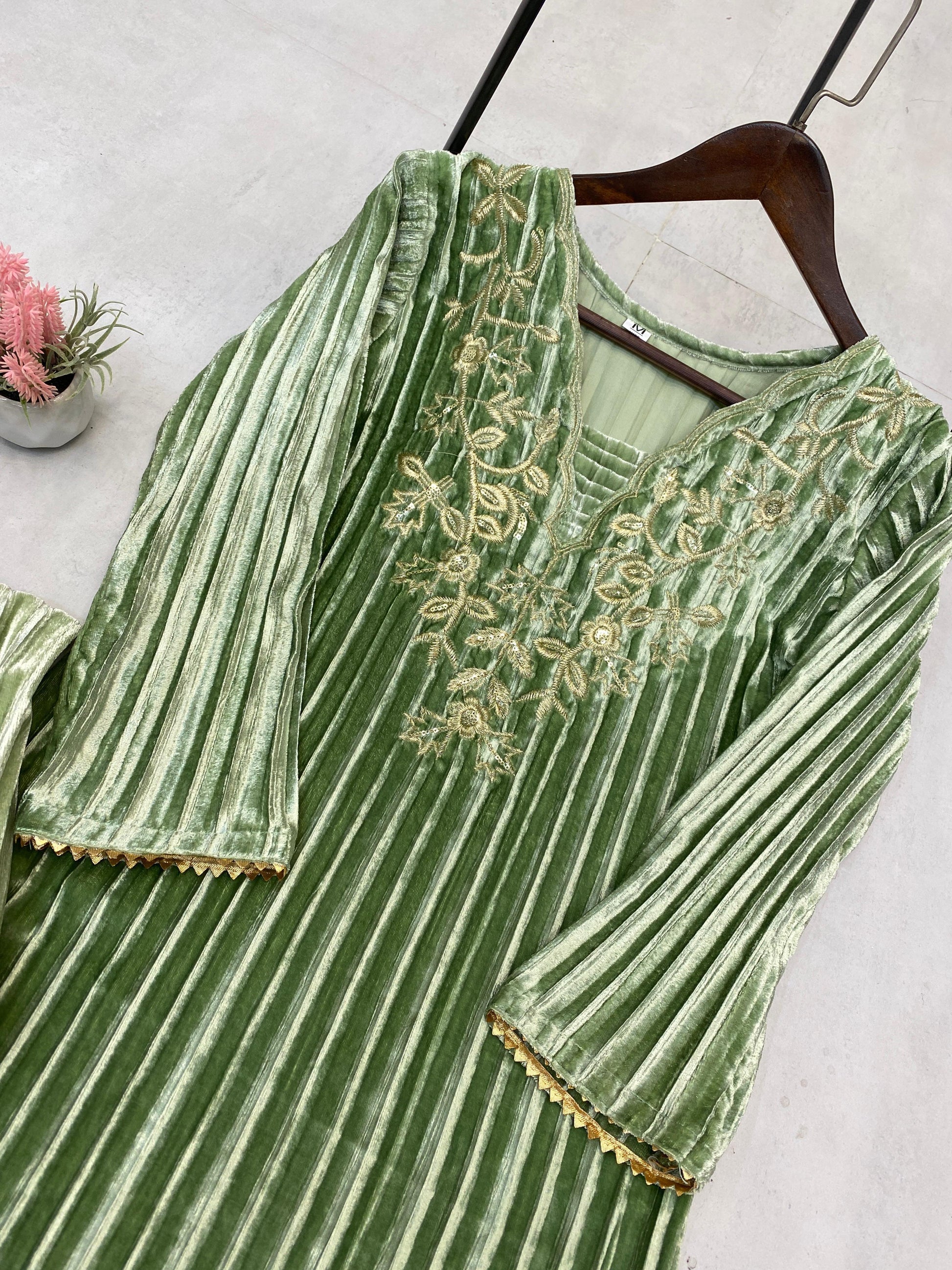Product Image - Designer Blooming Velvet Embroidery Work Suit with Pant