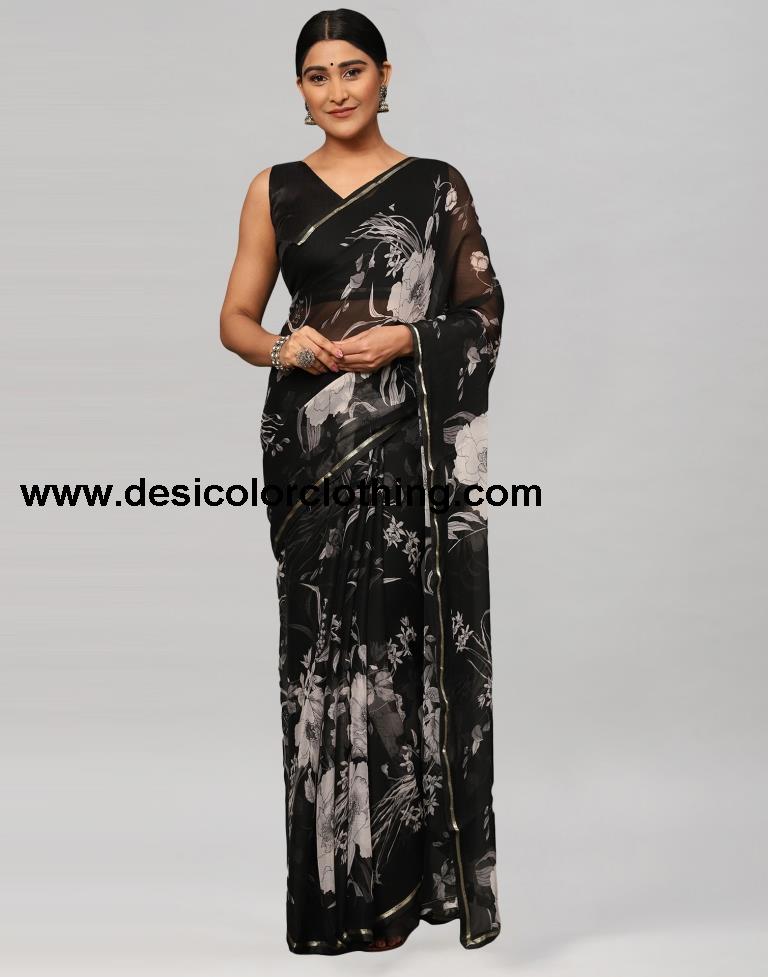 Black Printed Chiffon Saree