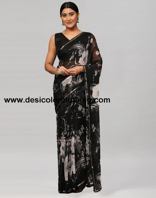 Black Printed Chiffon Saree