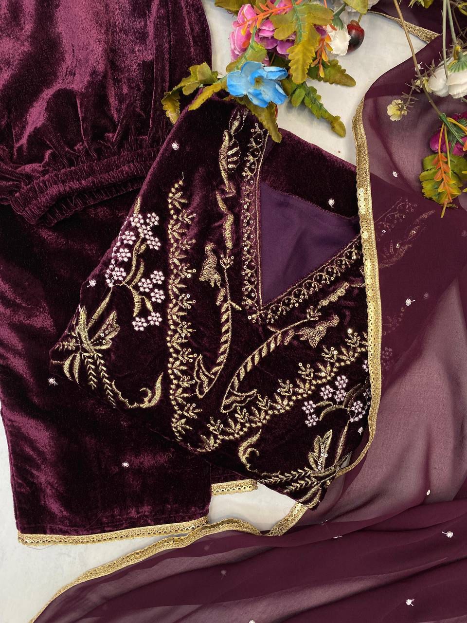 Product Image - Designer Velvet Sequence Embroidery Suit with Dupatta