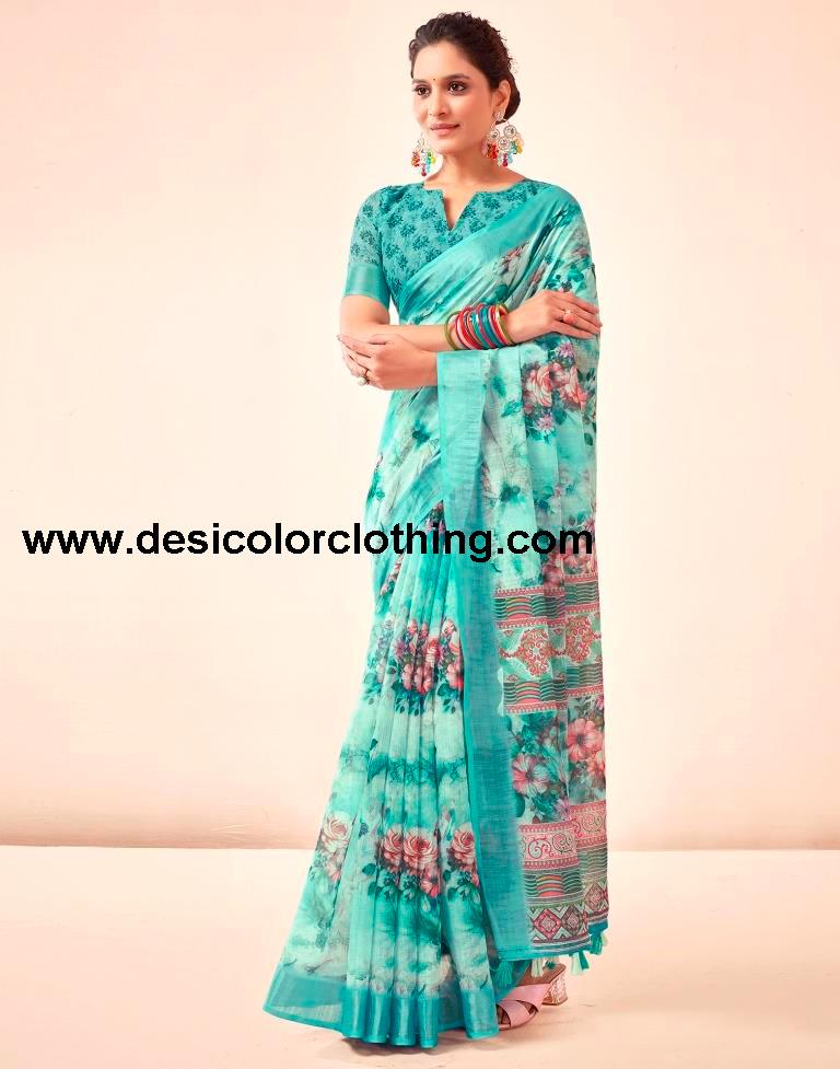 Blue Linen Printed Sarees