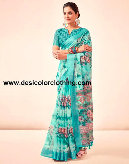 Blue Linen Printed Sarees