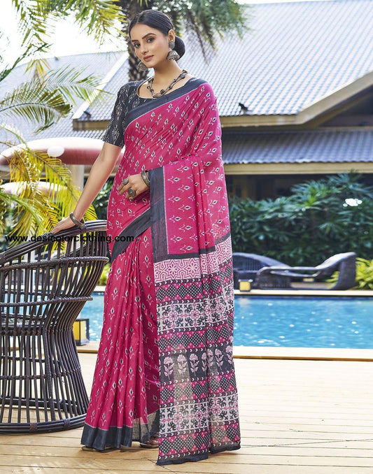 Pink Printed Cotton Pre-draped Saree