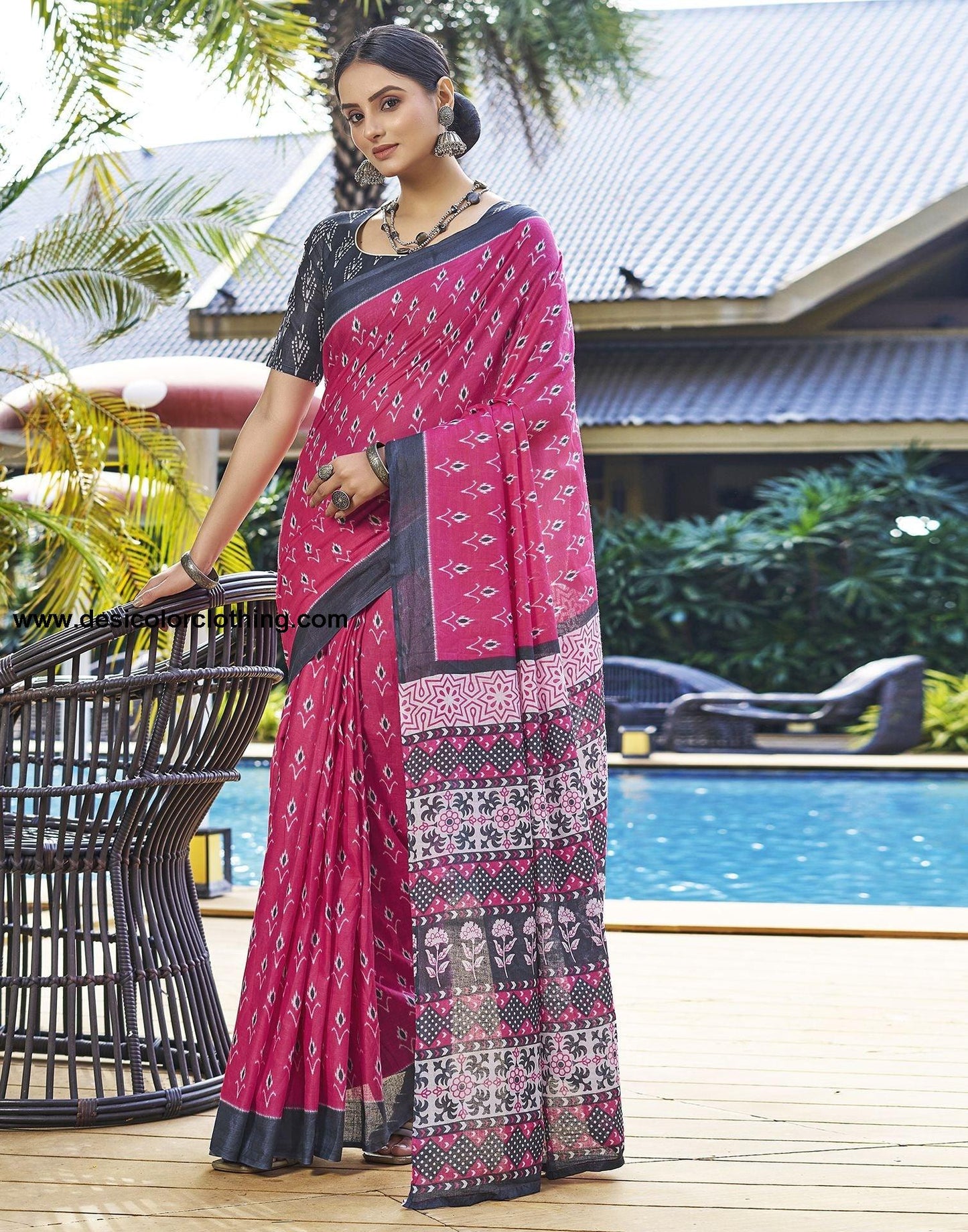 Pink Printed Cotton Pre-draped Saree