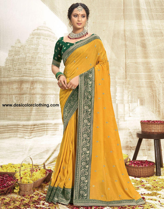 Yellow Embroidery Banarasi Silk Saree