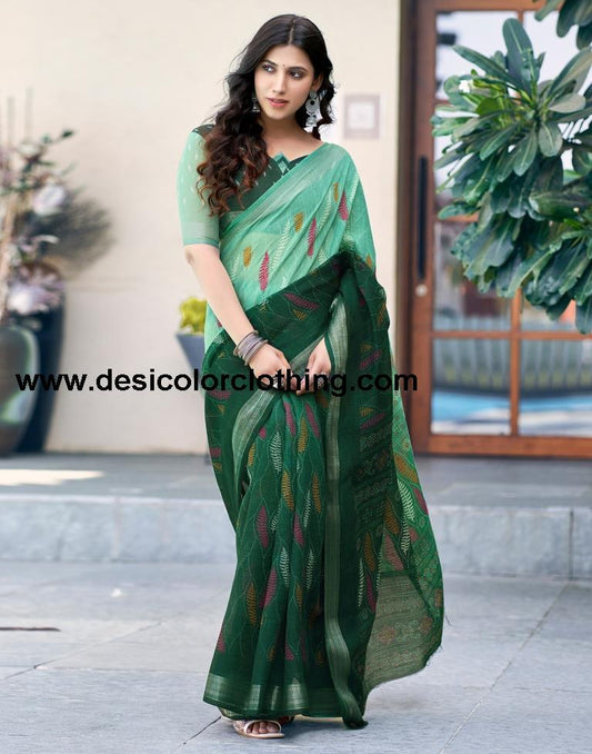 Dark Green Printed Cotton Saree