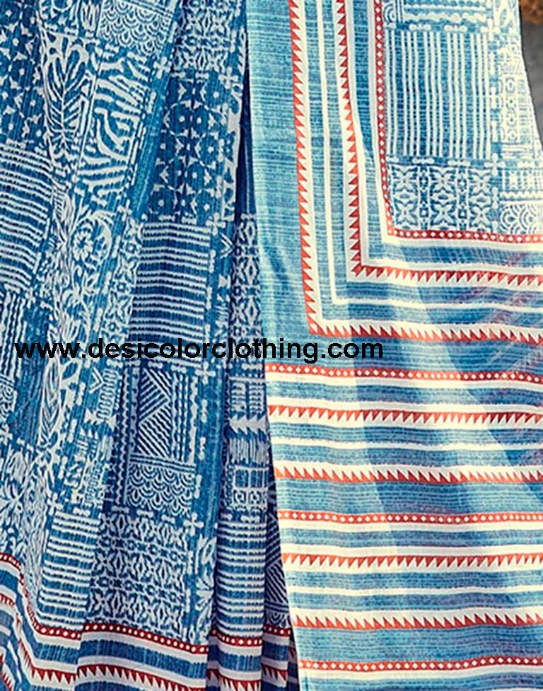 Blue Cotton Printed Ready To Wear