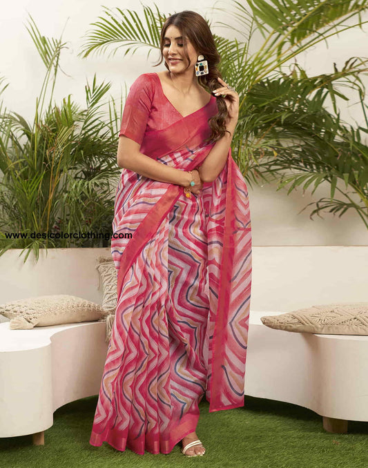 Rose Pink Cotton Printed Saree