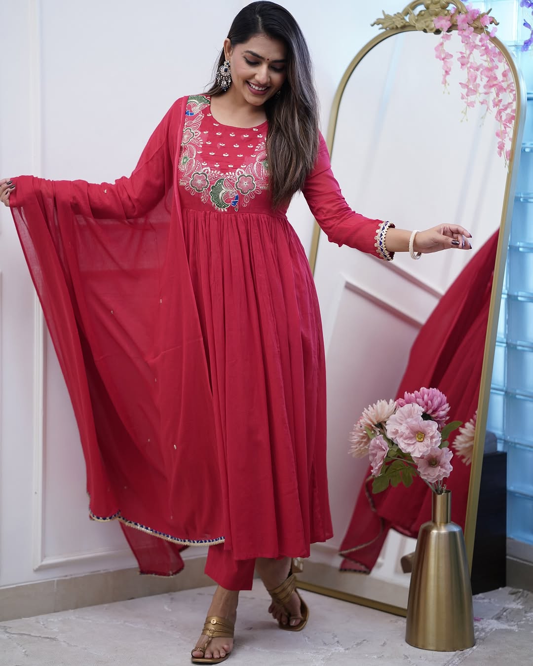 Product Image - Designer Cotton Anarkali Suit Set with Embroidered Dupatta - Festive & Wedding Wear