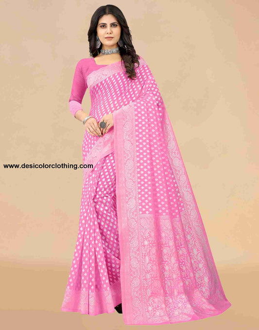 Pink Cotton Plain Saree