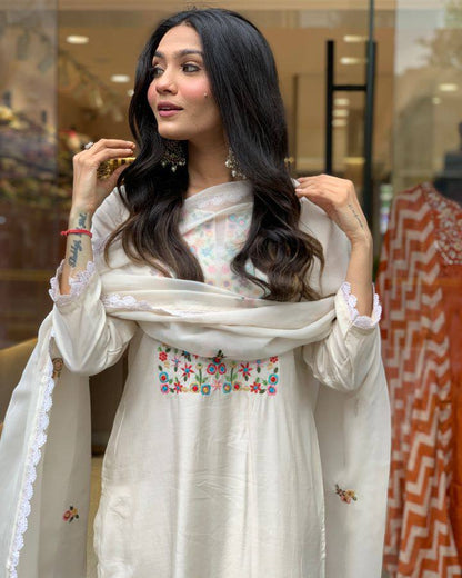 Product Image - Designer Kurti Pant with Dupatta - Elegant Visose Chanderi Ethnic Wear