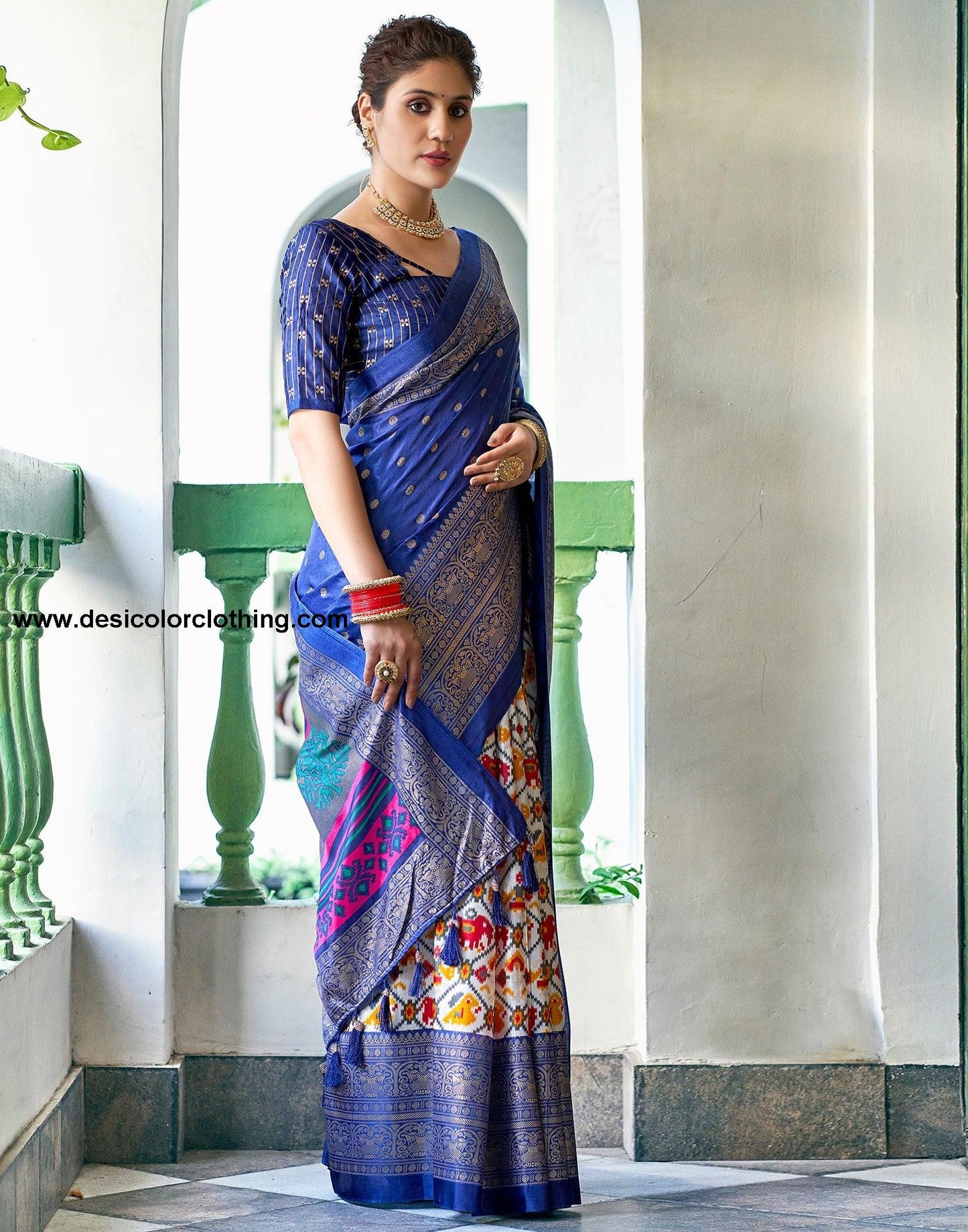 Dark Blue Silk Printed Saree