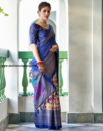 Dark Blue Silk Printed Saree