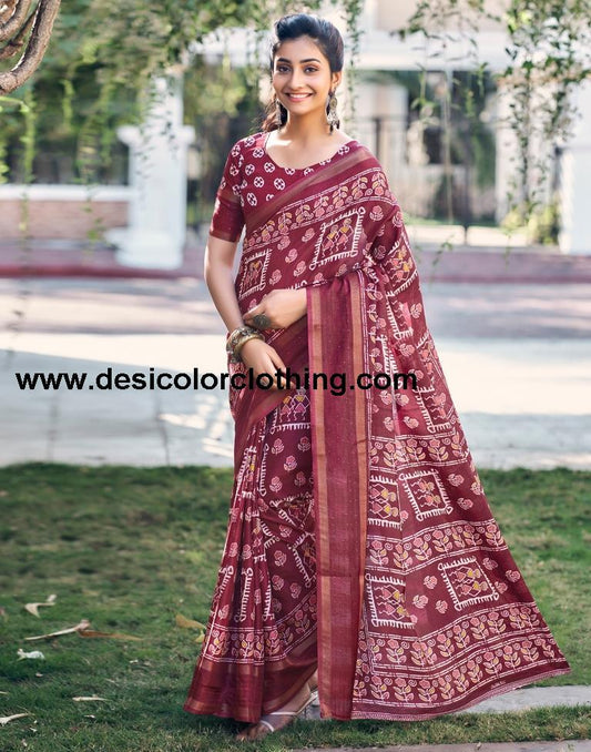 Wine Silk Printed Saree