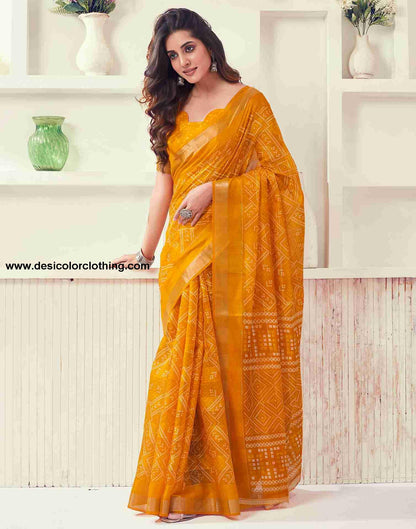Yellow Cotton Printed Saree