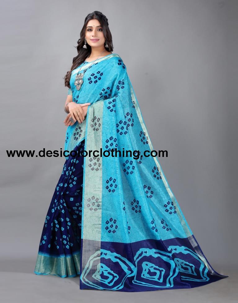 Sky Blue Bandhani Cotton Saree