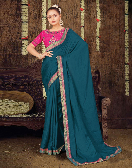 Rani Pink Art Silk Blouse with Dark Teal Blue Poly Silk Saree