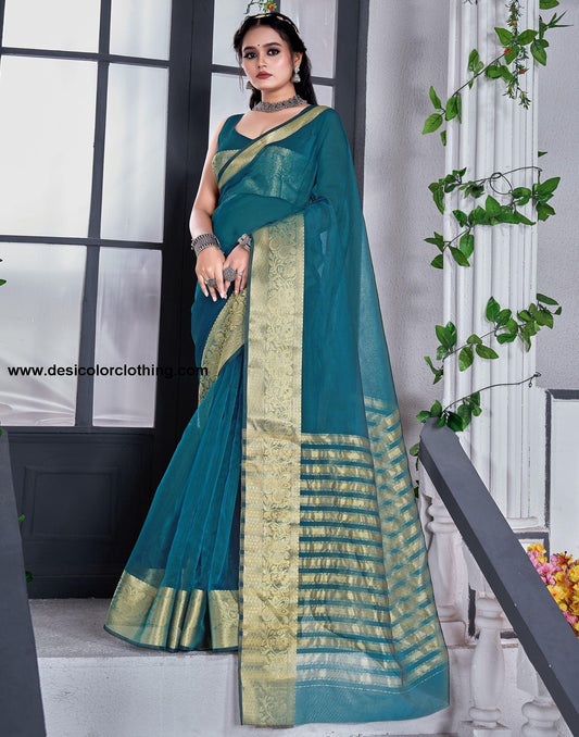Teal Blue Plain Organza Saree