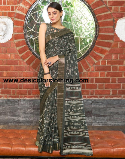 Dark Grey Silk Printed Saree