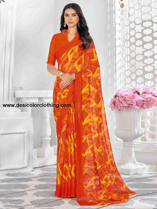 Orange Chiffon Printed Saree