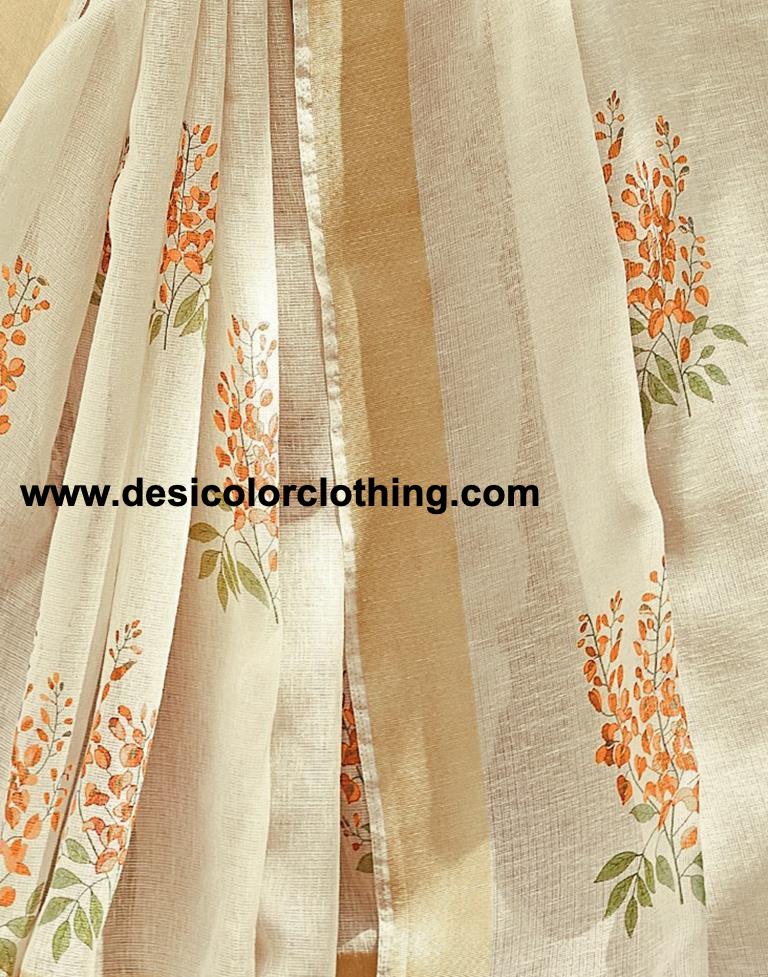 Cream Cotton Printed  Saree