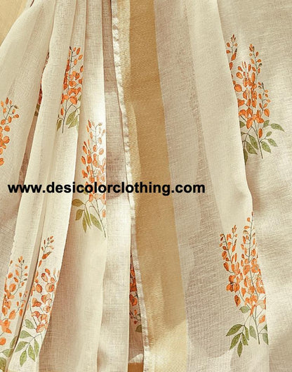 Cream Cotton Printed  Saree