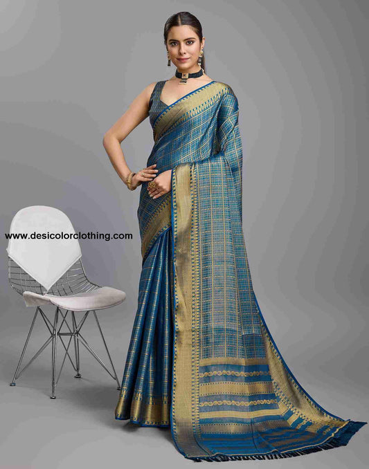 Elegant Sea Blue Banarasi Silk Saree with Woven Tassel Detailing