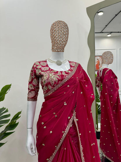 Product Image - Elegant Zimmy Choo Satin Saree with Sequence Embroidery