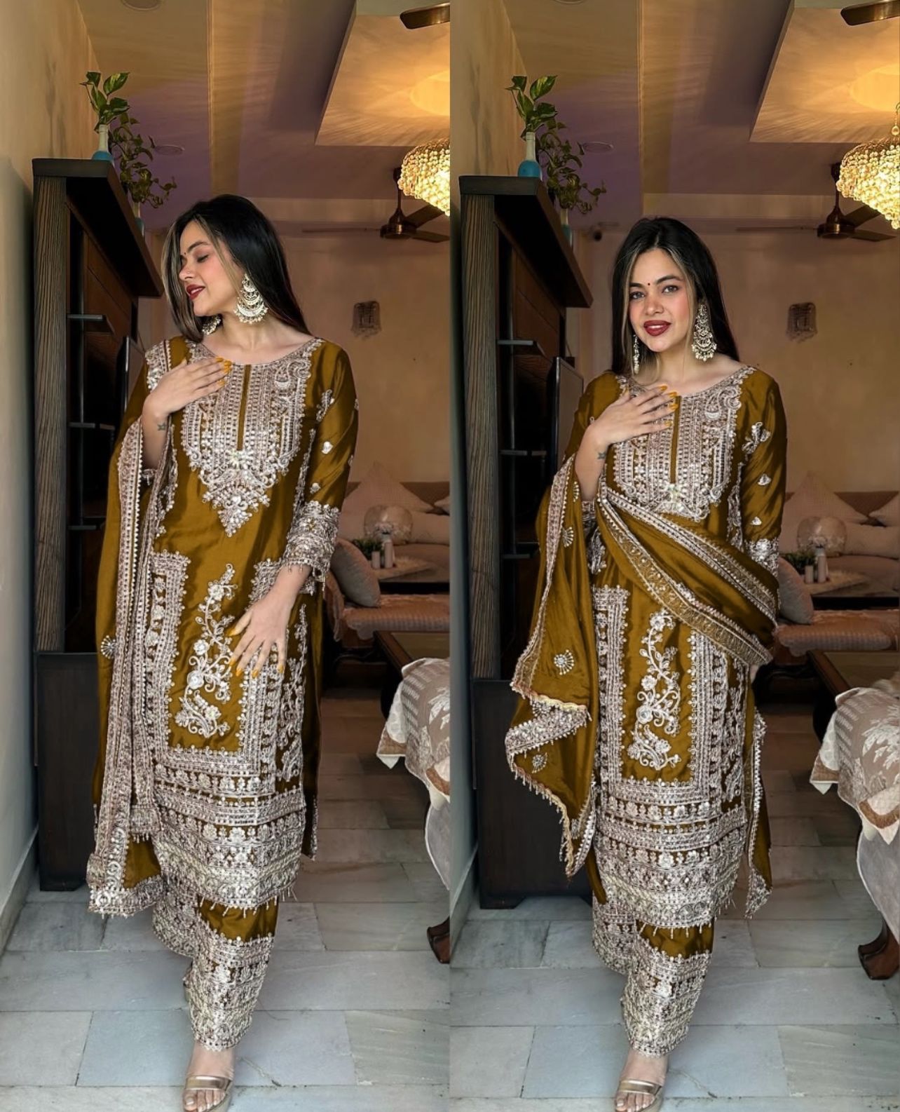 Product Image - Designer Georgette Wedding Saree - Pure Chinnon Silk with Heavy Embroidery