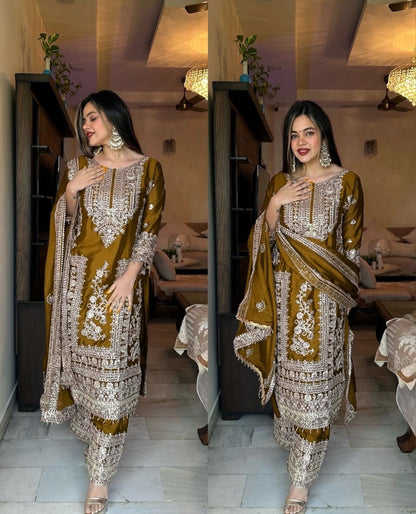 Product Image - Designer Georgette Wedding Saree - Pure Chinnon Silk with Heavy Embroidery